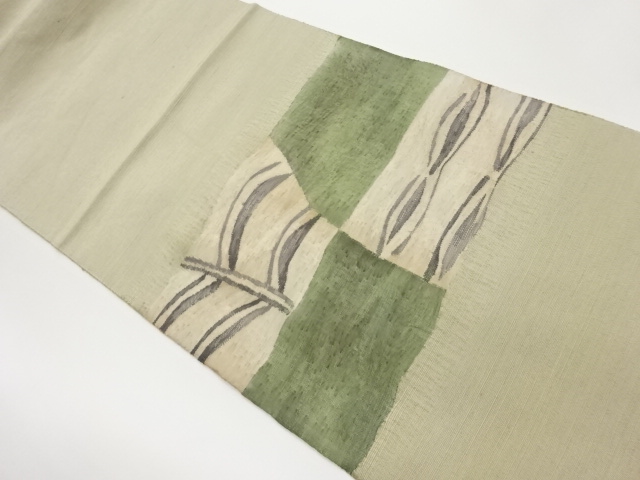 手織り紬幾何学模様織出し名古屋帯